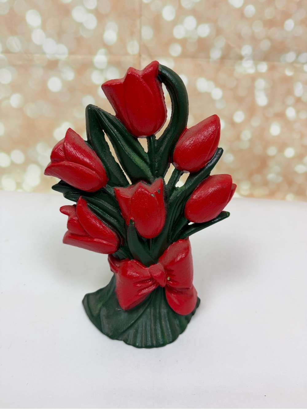 Vintage Tulip Bouquet Cast Iron Doorstop with Red Tulips